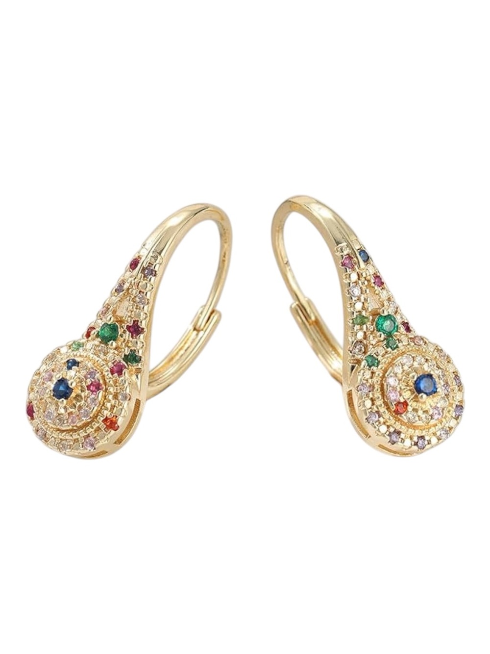 14K Gold Plated teardrop leverback Hoop Stud Earrings multicolored zircon
